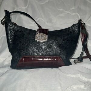 Brighton Black Pebbled Leather Brown Croc Accent Handbag Purse.